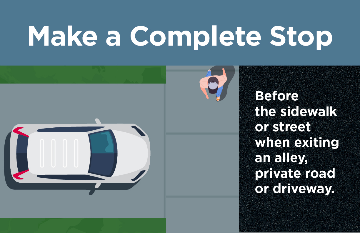 Make a complete stop. Before a sidewalk area or street, when coming onto a street or highway from an alley, private driveway, private road, or a building.