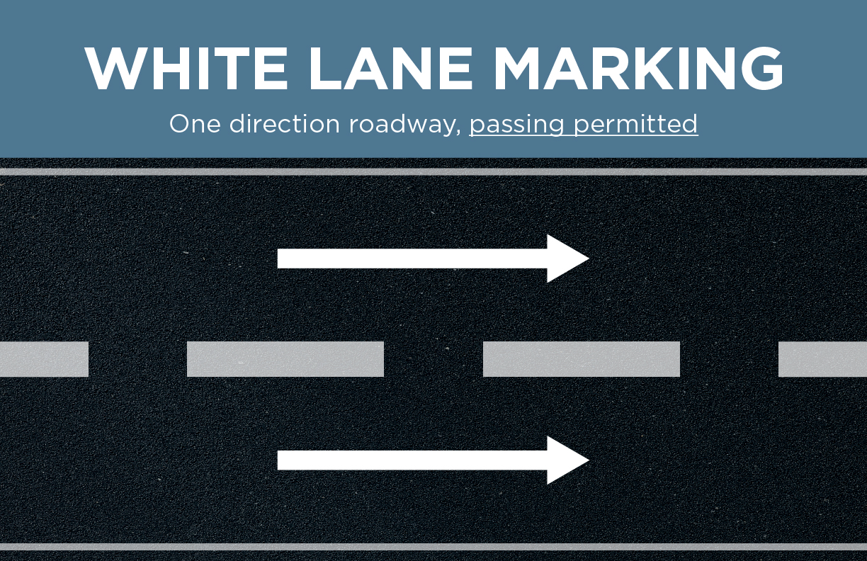 White lane marking. One direction roadway, passing permitted.