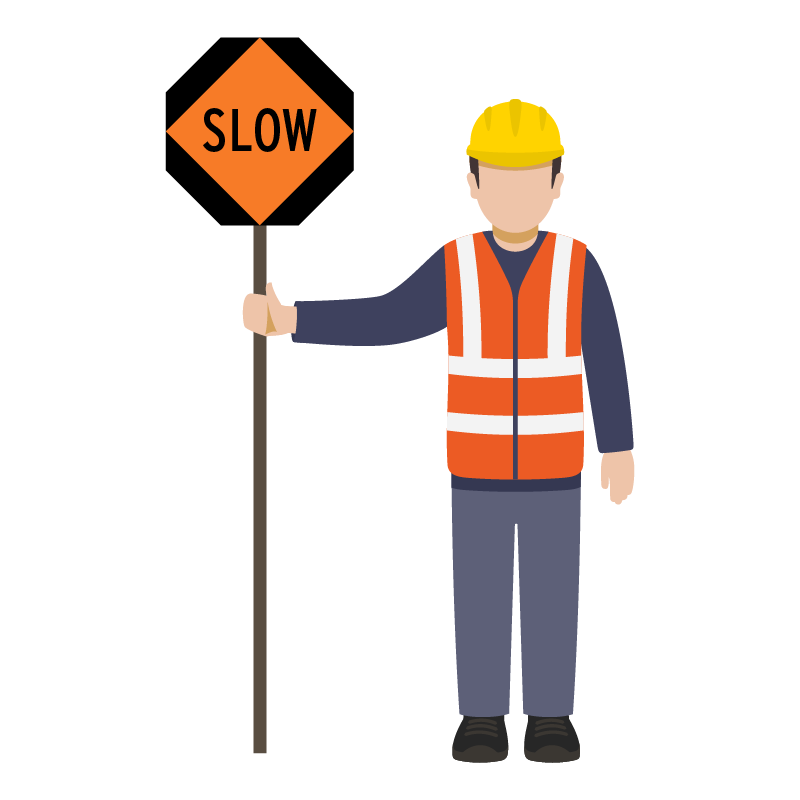 Flagger holding a slow sign.
