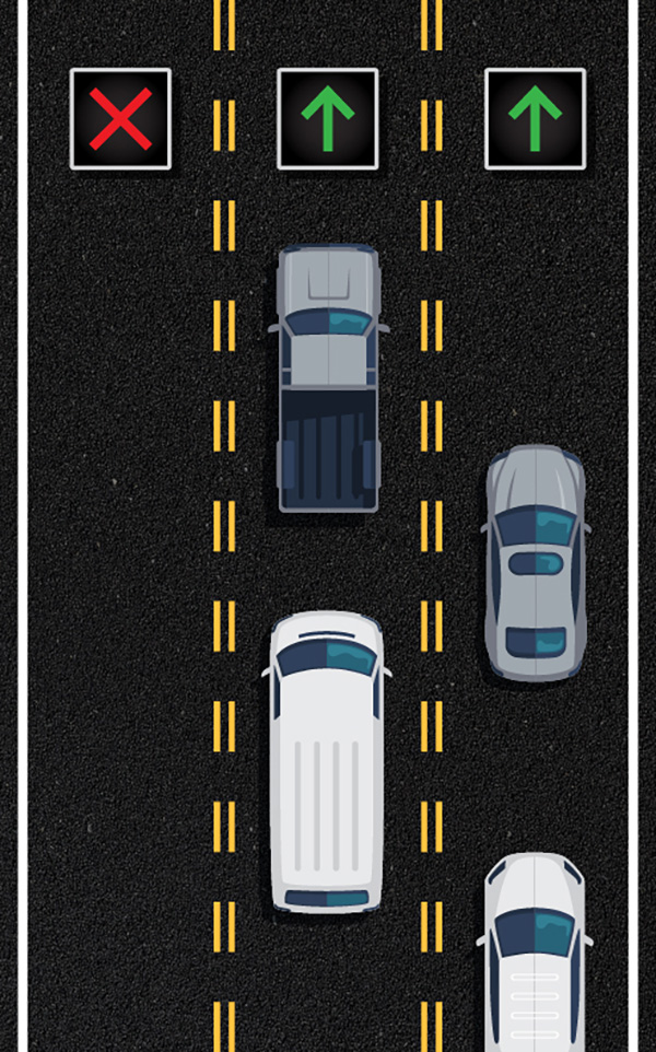 Flex lanes graphic showing road markings