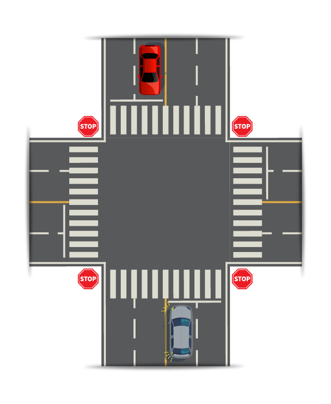Yield the right-of-way to a driver who is at the intersection before you.