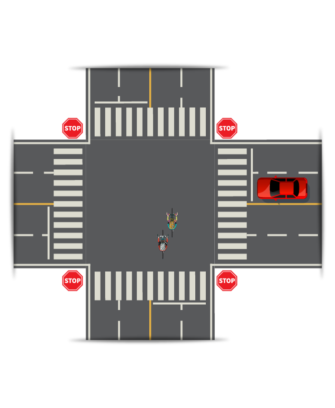 Yield the right-of-way to pedestrians, bicyclists, and others that are still in the intersection.