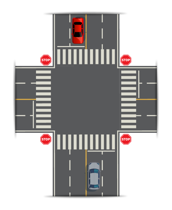 Yield the right-of-way to a driver who is at the intersection before you.