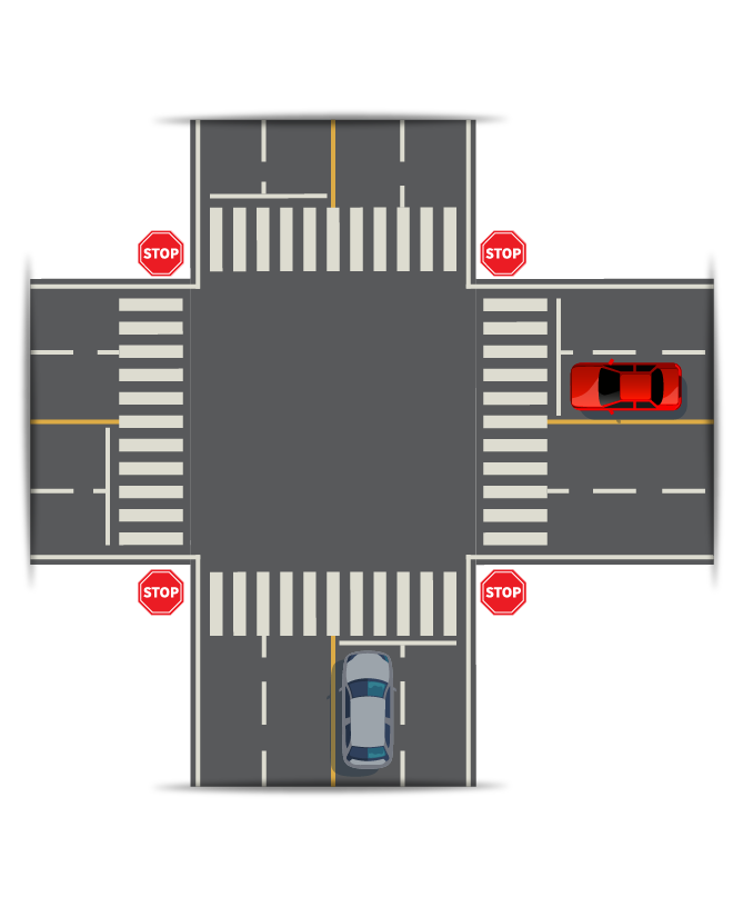 Yield the right-of-way to the driver on your right at a four-way stop if both of you arrive at the same time.